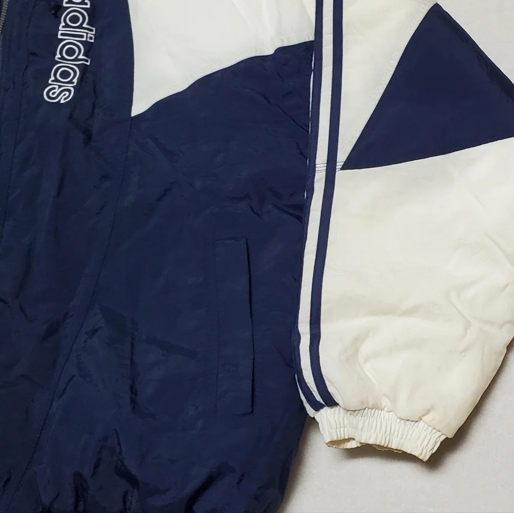 VINTAGE 90s Adidas Blue White Trefoil Logo Insulated Puffer Jacket Parka XL